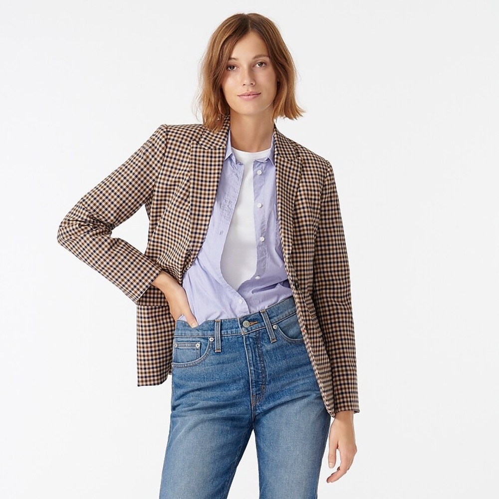 J.Crew Boyfriend blazer in plaid Italian stretch wool Beige Brown Navy,  size 12